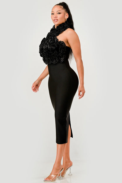 Rose Applique Halter Midi Dress