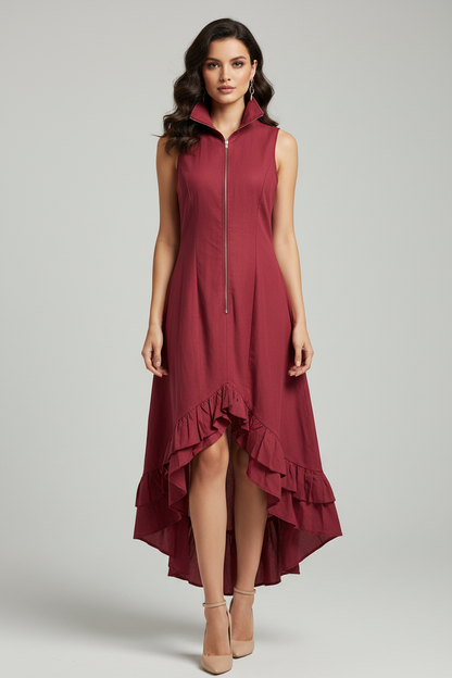 Lapel Collar Zip-Front Ruffle Hem Boho Dress