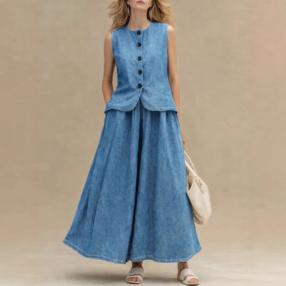 Women's Crew Neck Denim Vest Top & High-Waist A-Line Skirt Set – 3 Colors S–XXL