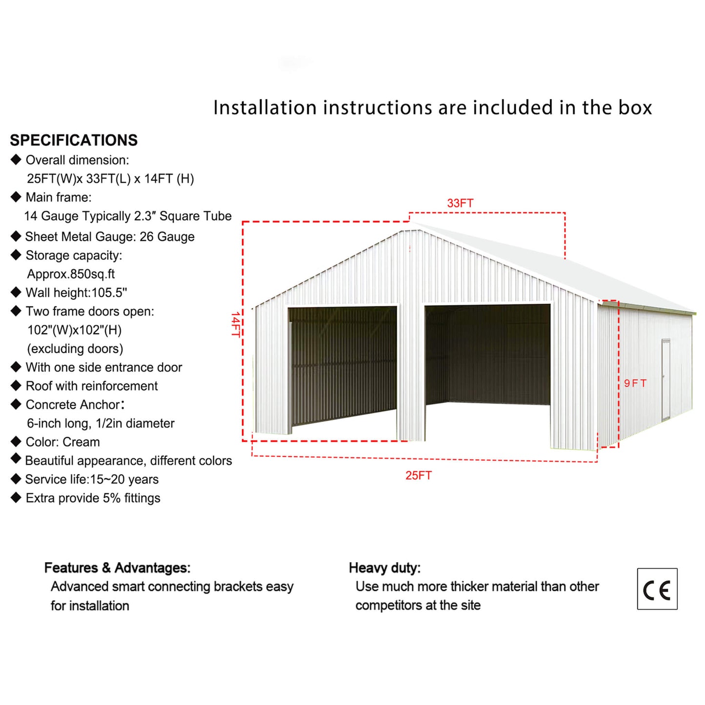 [25X33FT] Alora Heavy-Duty Double Garage Galvanized Steel Barn Shed (SAK61234)