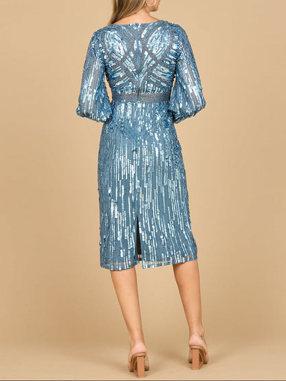 Lara 28855 - Beaded A-line Midi Dress with Long Sleeves