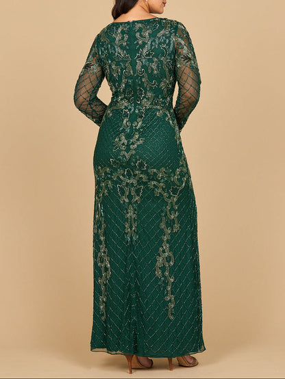 Lara 28877-  Long Sleeve Contrast Beaded Gown