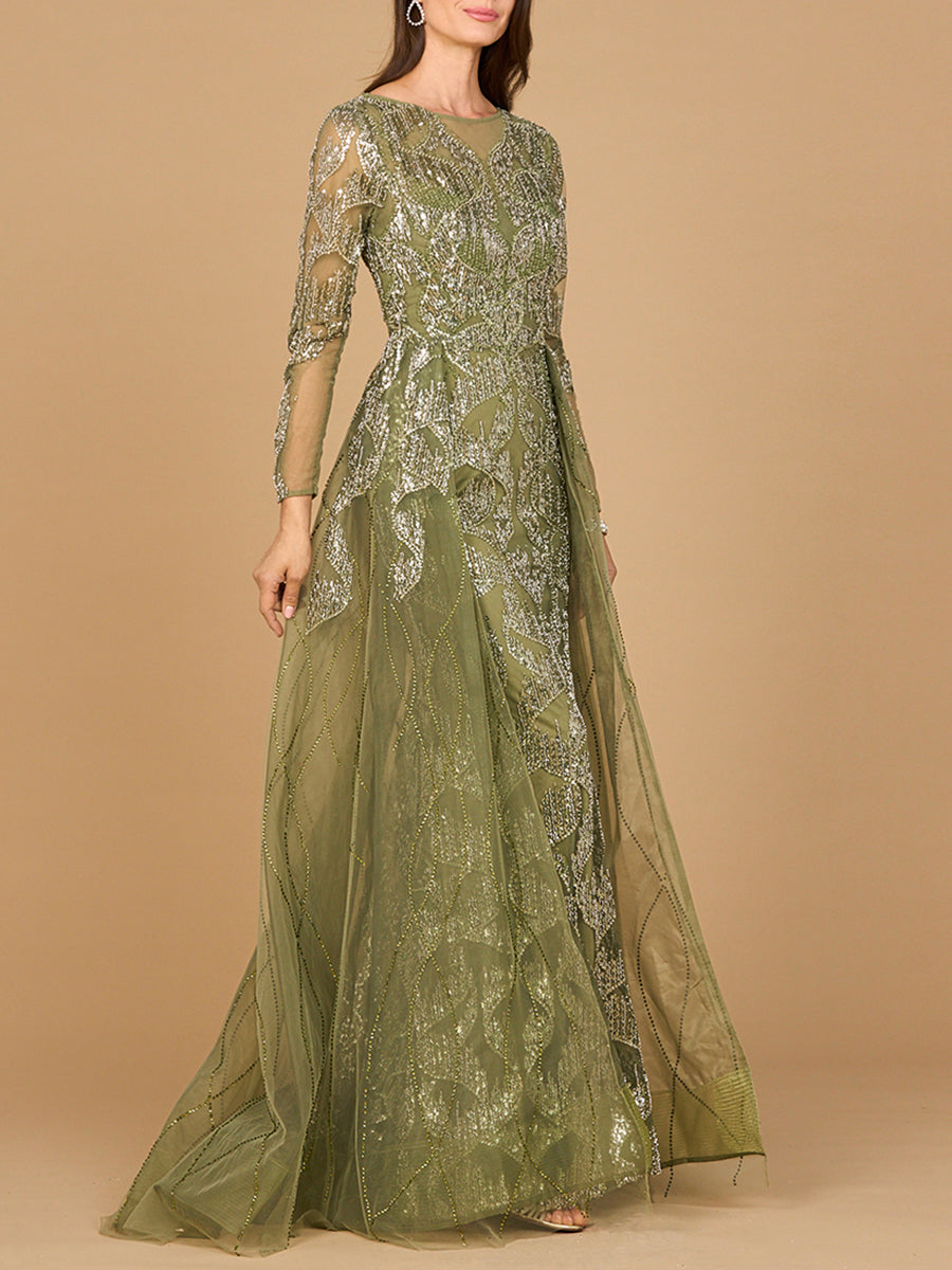 Long Sleeve Gown with Overskirt & High Neck