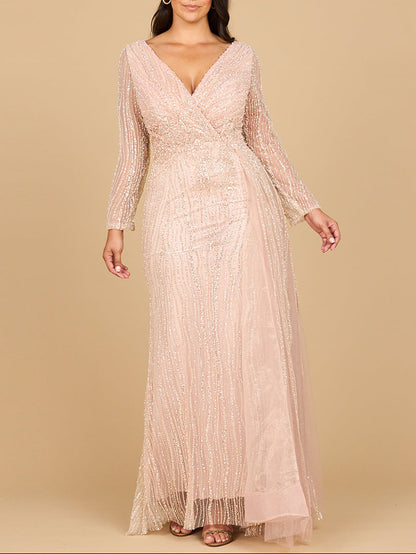 Long Sleeve V-Neck Gown with Drape