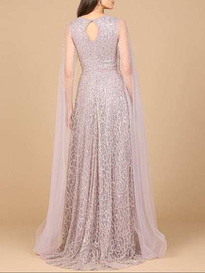 Beaded Lace Gown with Cape Sleeves