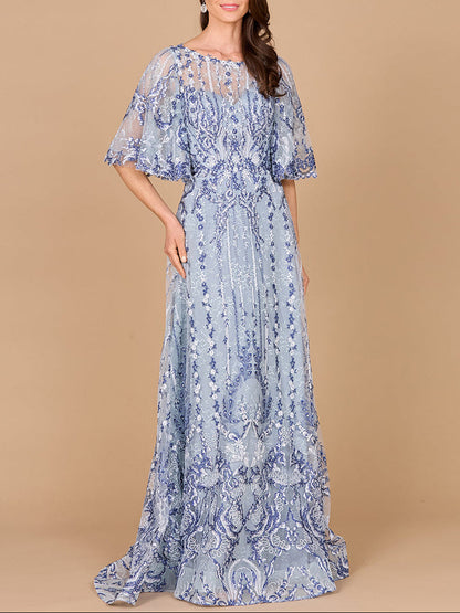 Embroidered, Cape Sleeve A-line Gown