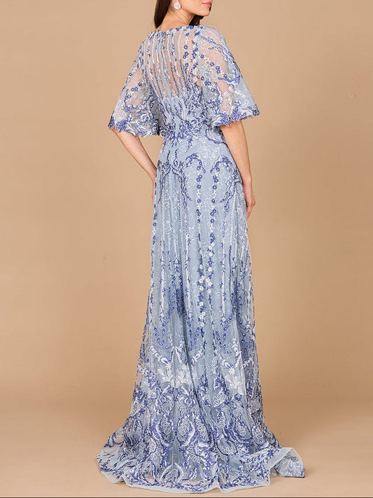 Embroidered, Cape Sleeve A-line Gown