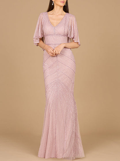 Cape Sleeve Beaded Gown