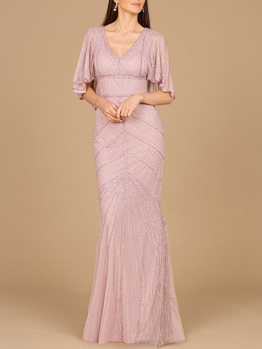 Cape Sleeve Beaded Gown