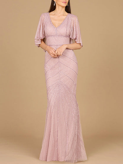Cape Sleeve Beaded Gown