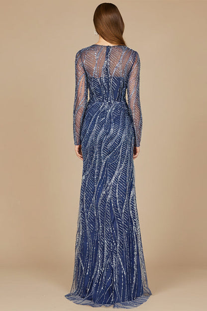 Long Sleeve Sheath Gown with Silver Beads