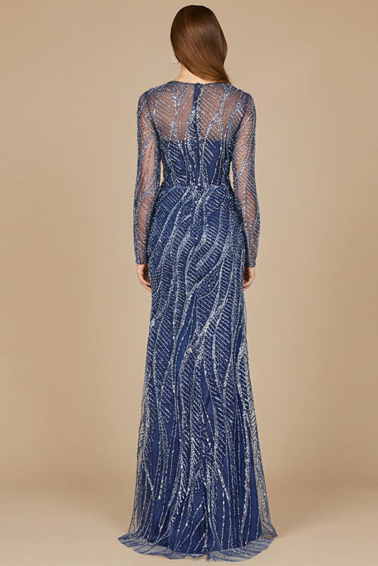 Long Sleeve Sheath Gown with Silver Beads