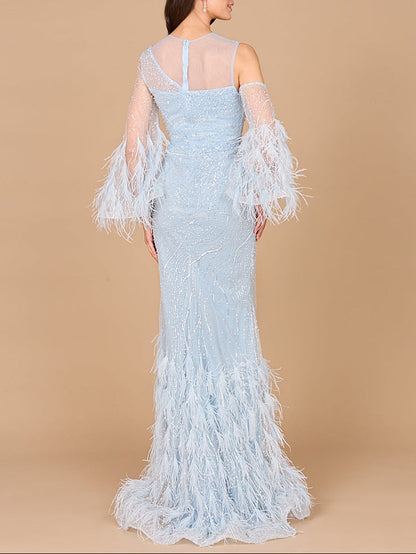 Cold Shoulder Mermaid Lace Gown with Feathers - OUTLET