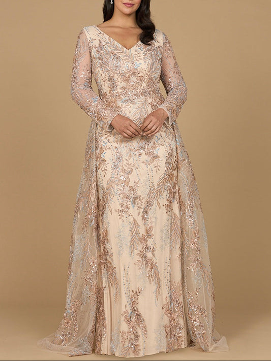 Lace Long Sleeve Gown with Overskirt