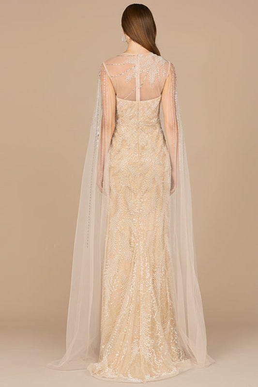 Long Cape Beaded Gown