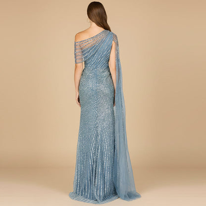 One Shoulder Fitted Gown with Cape Sleeve | Lara 29051