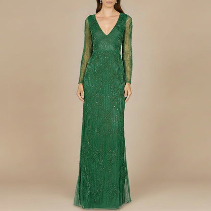 Elegant Long Sleeve Beaded Gown  - OUTLET