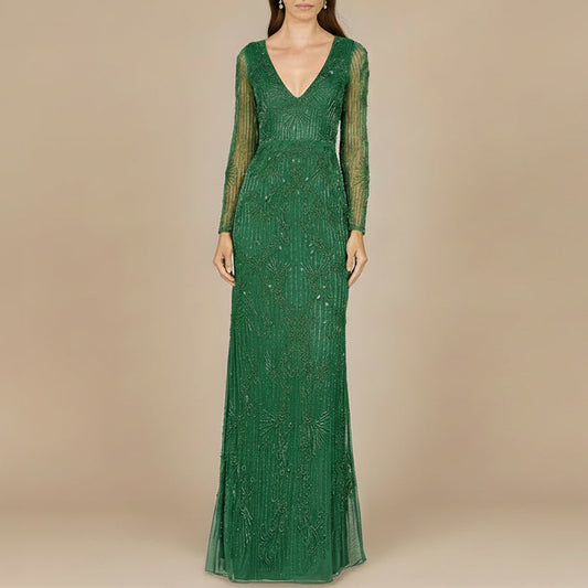 Elegant Long Sleeve Beaded Gown  - OUTLET