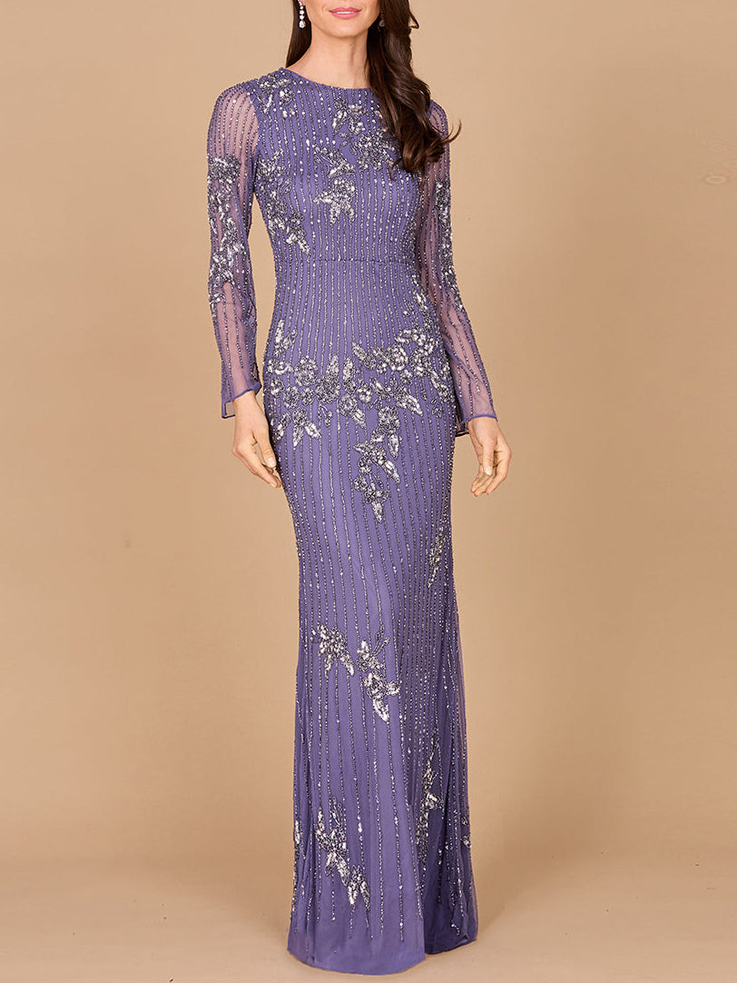 Long Sleeve, High Neck Beaded Gown - OUTLET