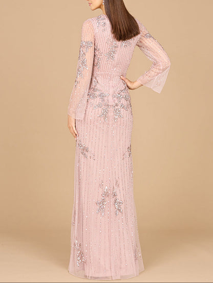 Long Sleeve, High Neck Beaded Gown - OUTLET
