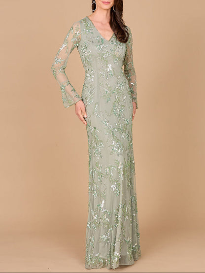 Beaded Dress with Sheer Long Sleeves