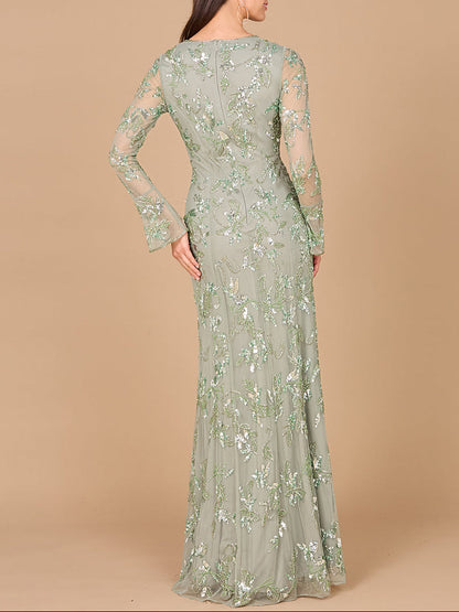 Beaded Dress with Sheer Long Sleeves