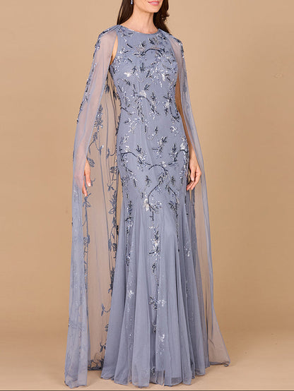 Mermaid Beaded Dress with Long Cape - OUTLET