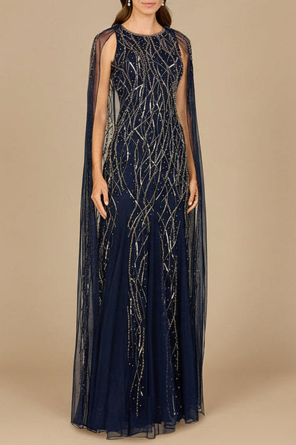 Elegant Beaded Dress with Long Cape