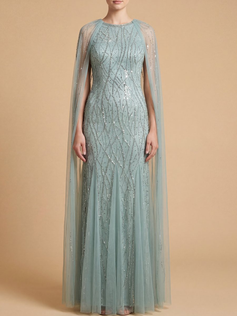Elegant Beaded Dress with Long Cape