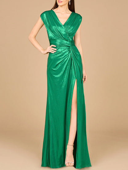 V-Neck Metallic Dress with Slit - OUTLET