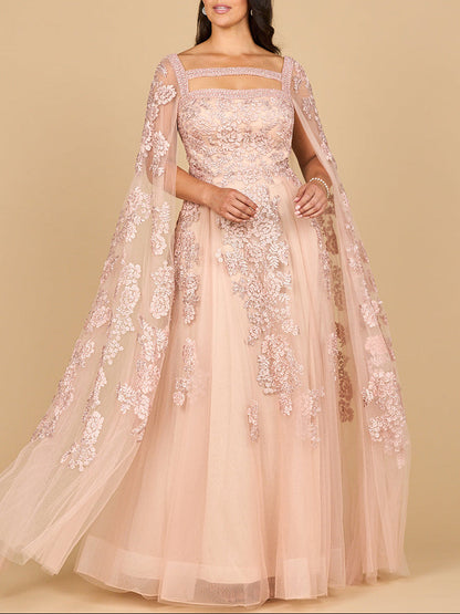 Lace Embroidered Gown with Long Cape Sleeves