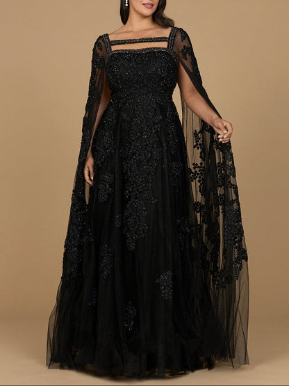 Lace Embroidered Gown with Long Cape Sleeves