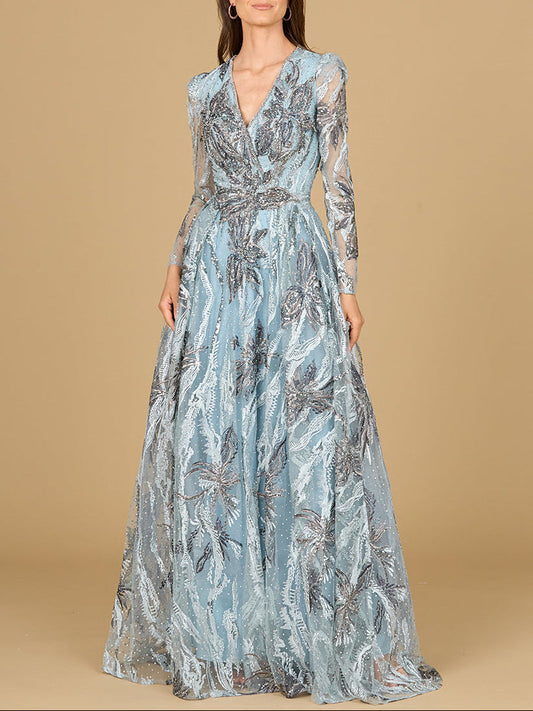 Long Sleeve V-Neck A-Line Gown