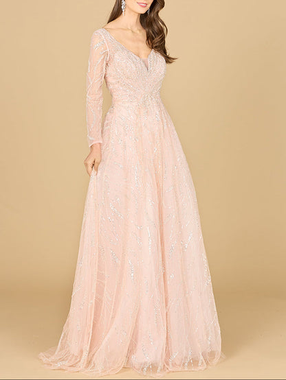 Long Sleeve Beaded Lace Gown