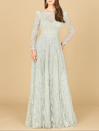 Long Sleeve Beaded Lace Gown