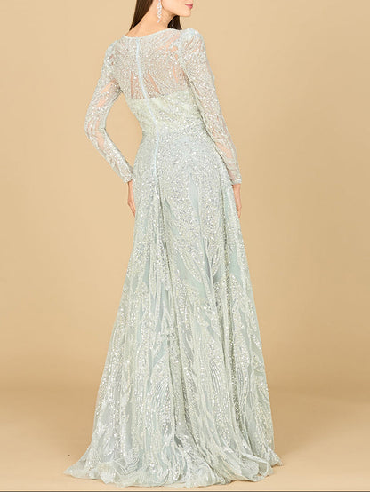 Long Sleeve Beaded Lace Gown
