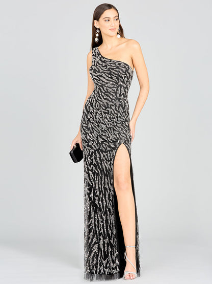 One-Shoulder Beaded Gown with High Slit