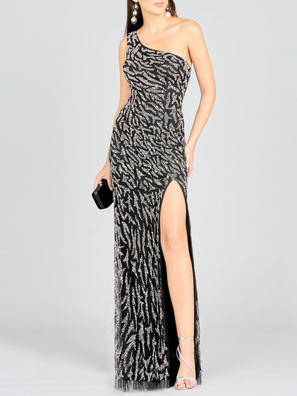 One-Shoulder Beaded Gown with High Slit
