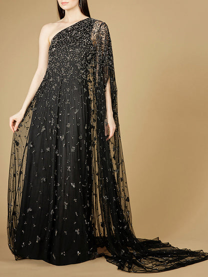 One Shoulder Cape Sleeve Gown