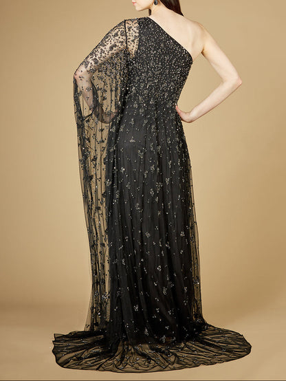 One Shoulder Cape Sleeve Gown