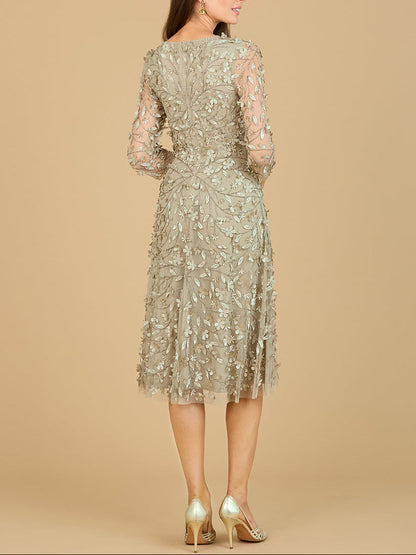 Flowing, 3D Embroidered Midi Dress with Sleeves