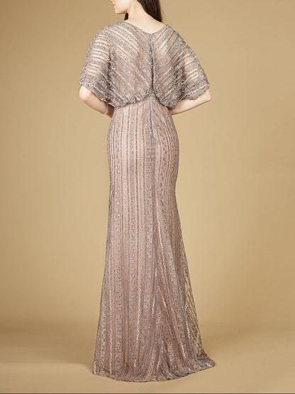 Cape Sleeve V-Neck Gown with Geometric Beading