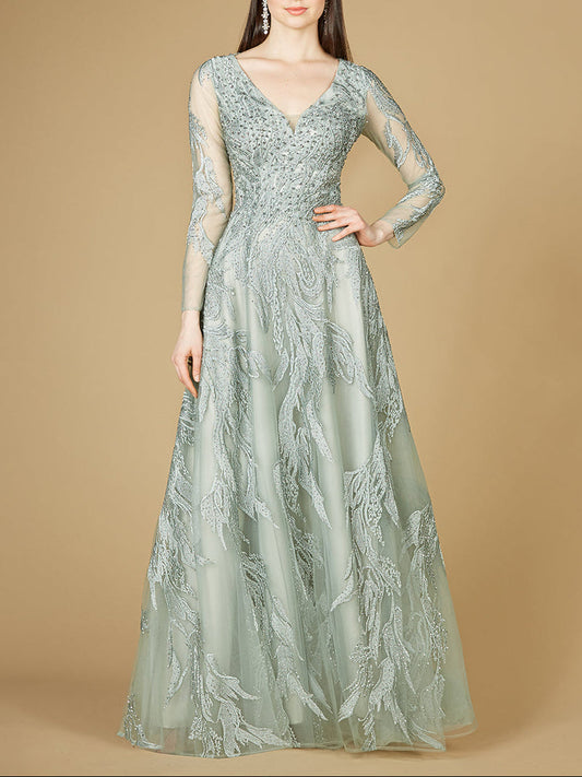 Long Sleeve Lace Ballgown with V-Neck
