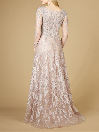 Long Sleeve V-Neck Ballgown  - OUTLET