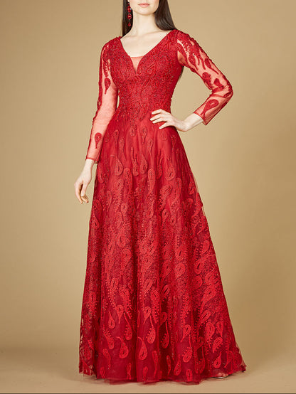 Long Sleeve V-Neck Ballgown  - OUTLET