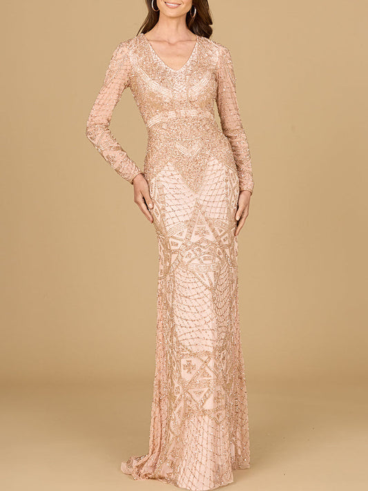 Beaded Long Sleeve V-neck Gown