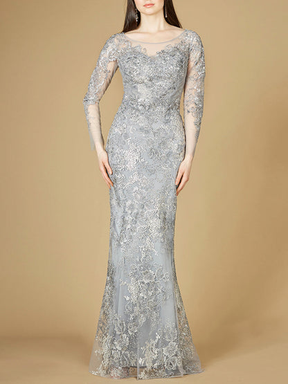 High Neck Long Sleeve Fitted Lace Gown