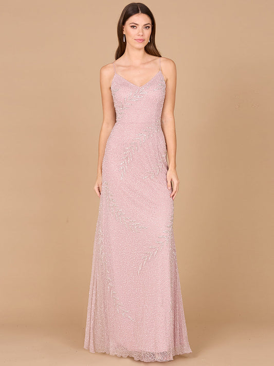Beaded Spaghetti Strap Navy Full-Length Gown