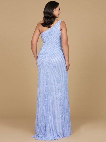 One-Shoulder Beaded Gown with Slit