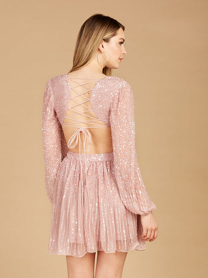 Long Sleeve Cut Out Dress with Lace Up Back